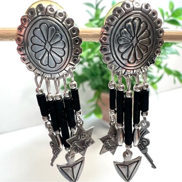 Vintage QT Sterling Quoc Turquoise Native Sterling Silver Onyx Bead Earrings - Picture 1 of 14